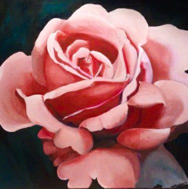 Close-up painting of a pink rose against a dark teal background.