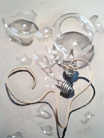 Oil painting of broken glass shards, a glass vessel, and a lightbulb with wire on pale ground.