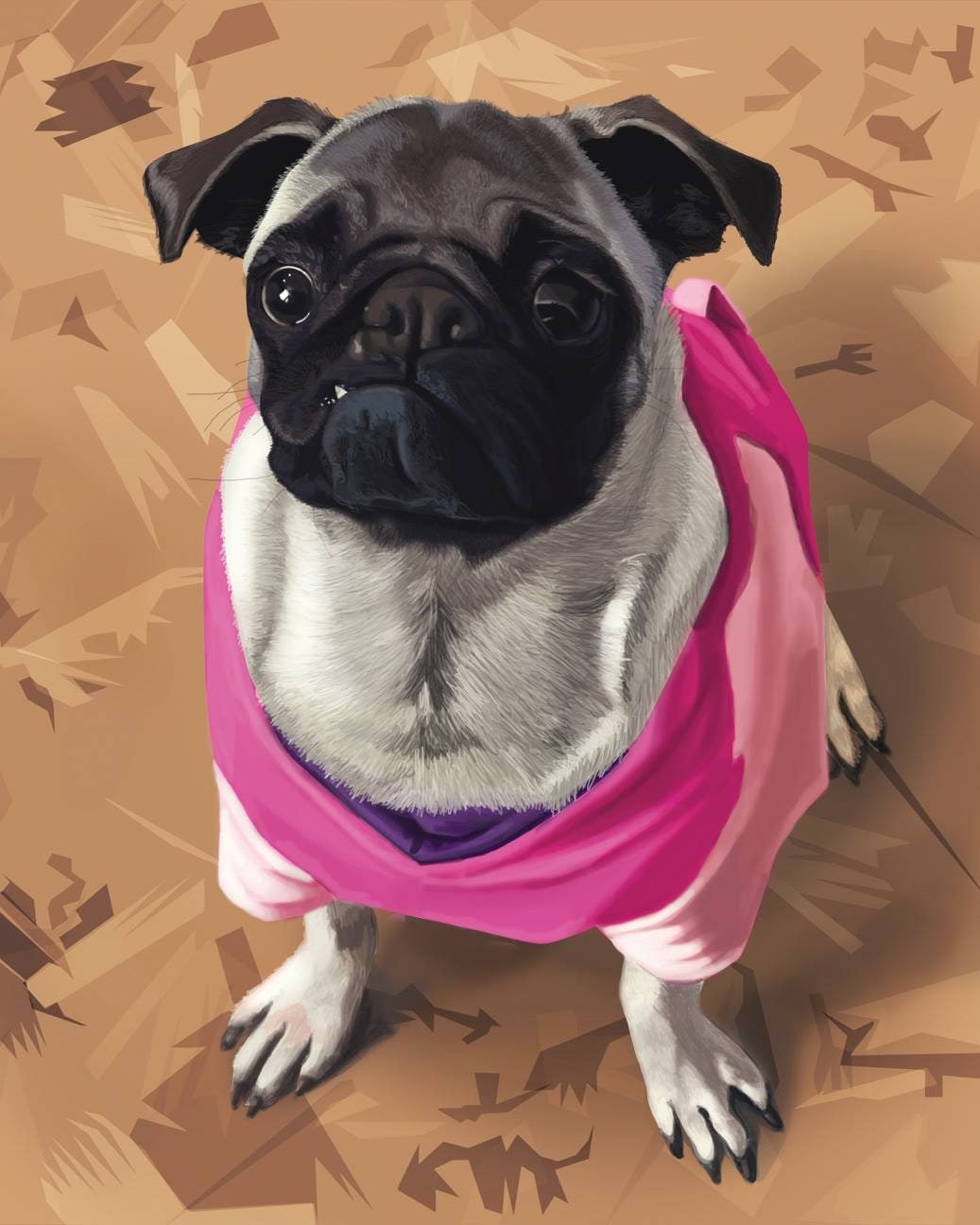 Digital portrait of a fawn pug wearing a pink sweater, seated on a patterned background