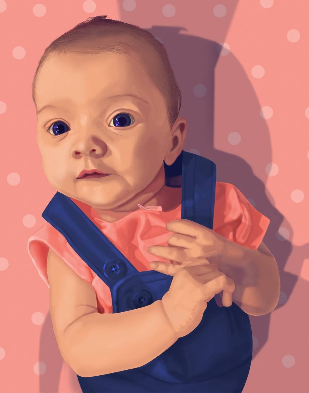 Digital portrait of an infant in a peach top and navy overalls against a pink polka-dot background