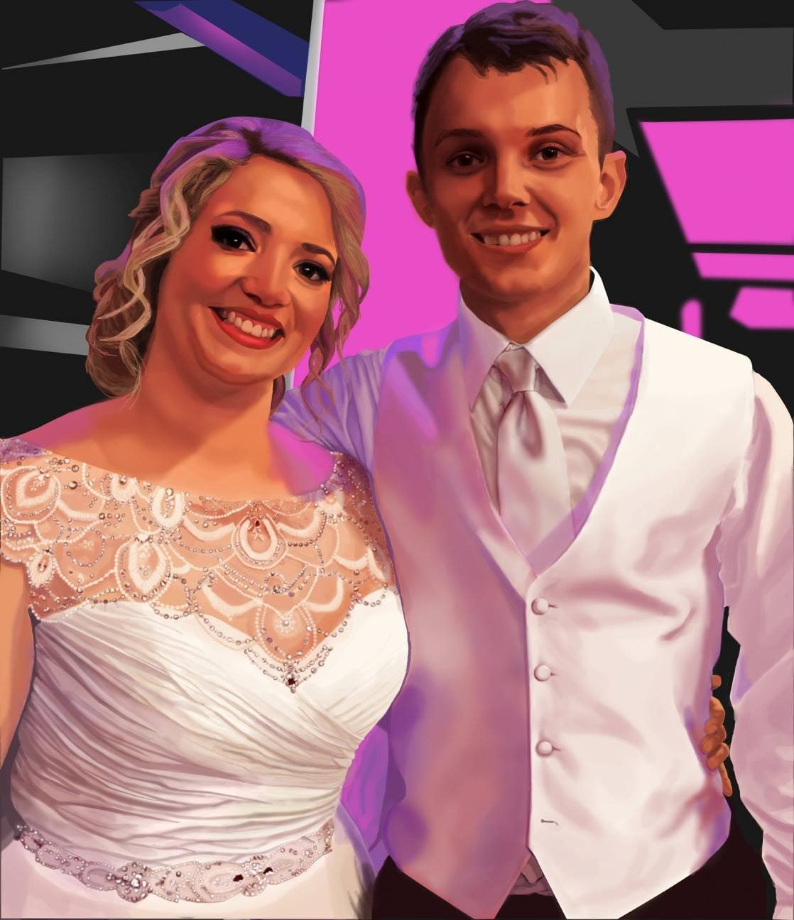 Digital portrait of a bride in a white gown and groom in a white vest and tie