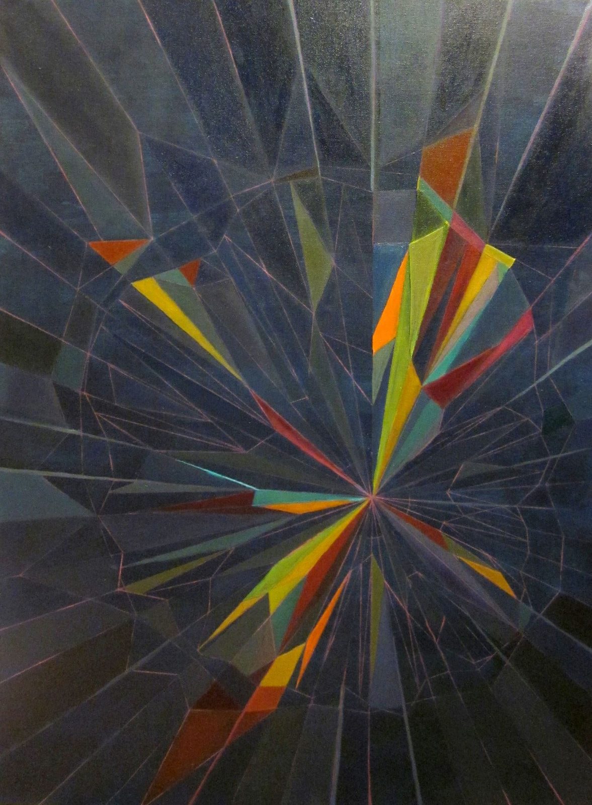 Abstract geometric painting of angular shards in orange, yellow, and teal radiating from a dark blue center.