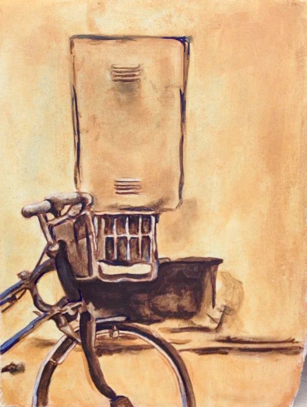 Painting of a bicycle's front basket and handlebars set against a warm tan wall.
