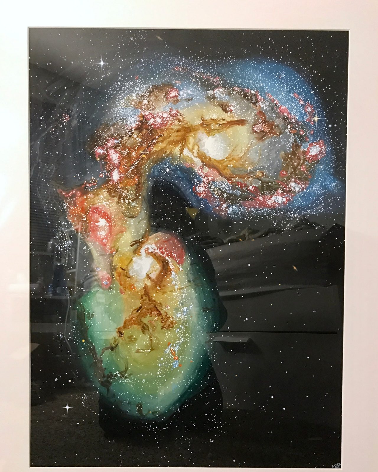 Abstract painting of swirling nebula-like forms in gold, teal, and pink against black.