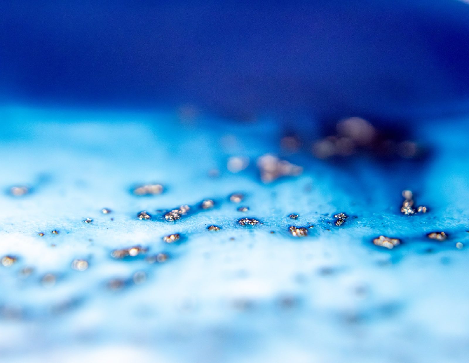Cobalt blue ground with scattered gold and silver crystalline flecks concentrated near the base.
