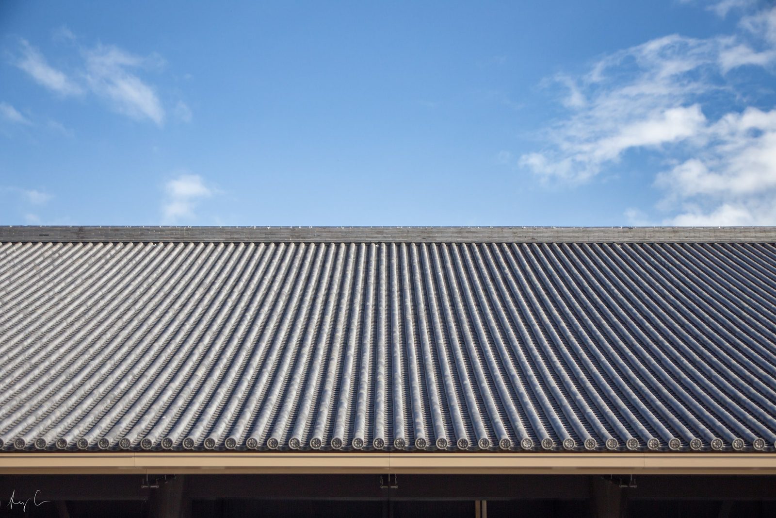 Ridged grey tiled temple roofline against a blue sky with light clouds