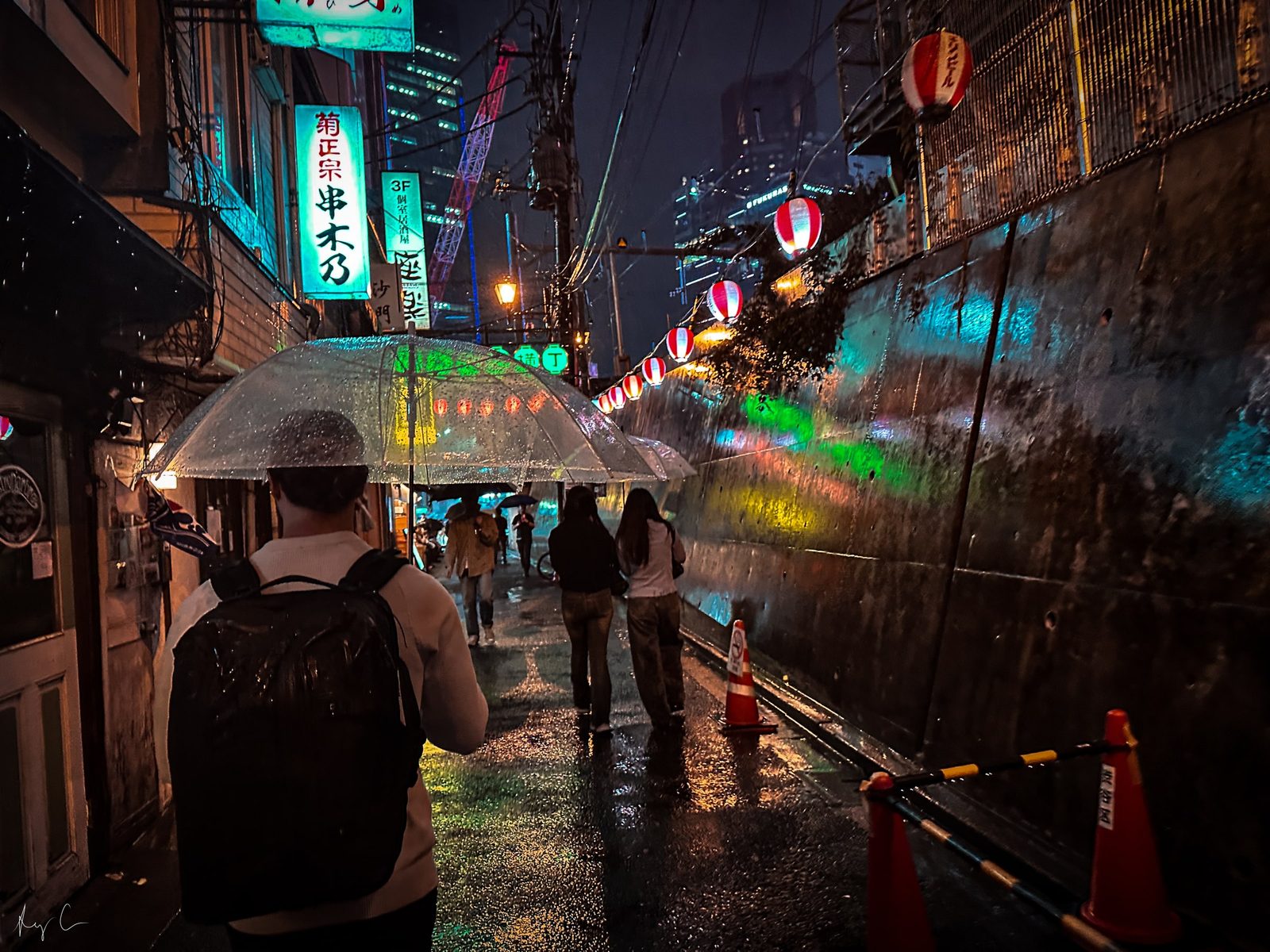 People with umbrellas walking a lantern-lit rainy alley beneath illuminated signs at night