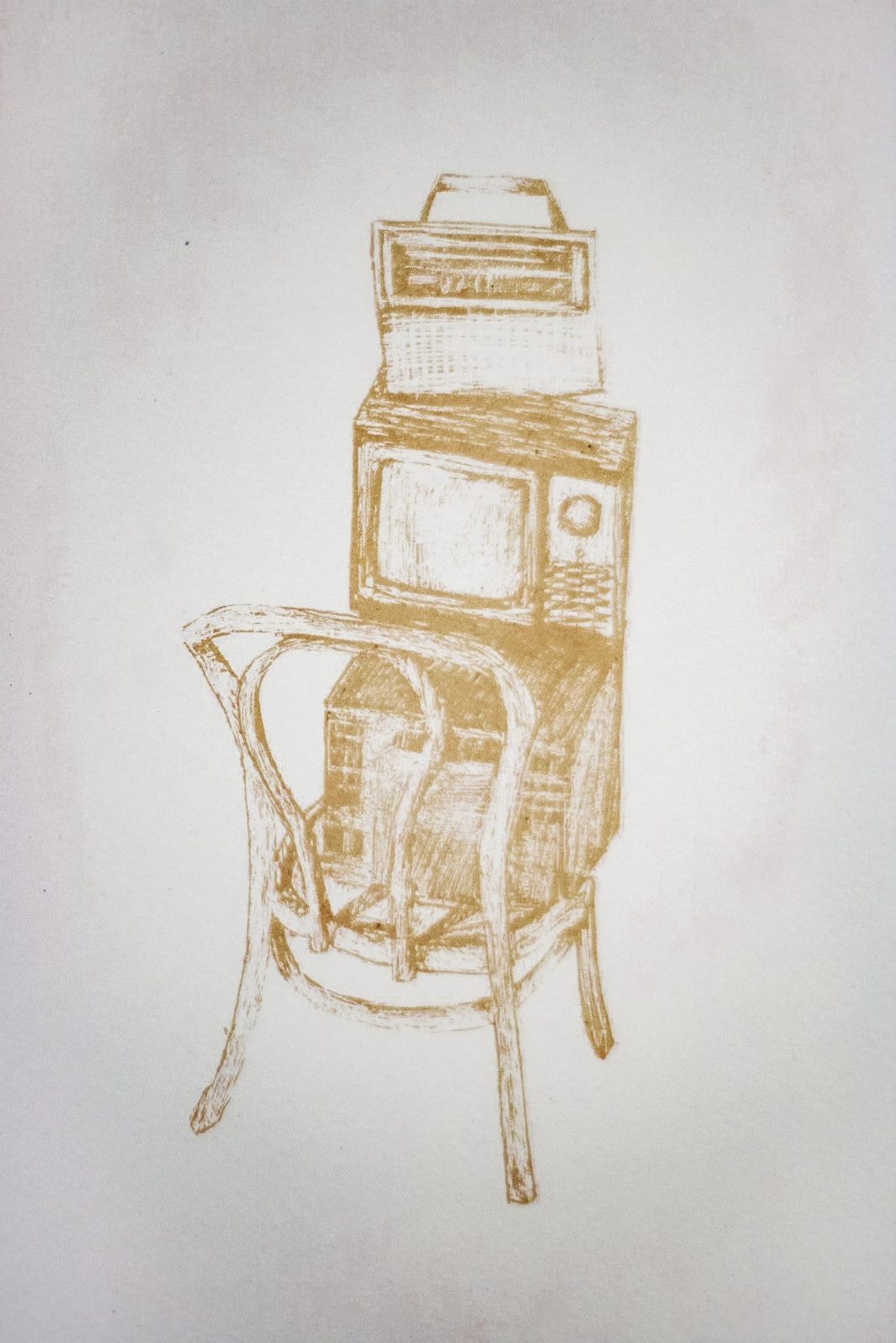 Screen print in gold ink of an old television and radio stacked on a wooden chair.