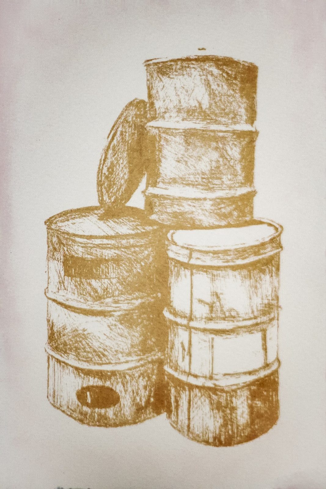 Screen print of stacked cylindrical tins in warm gold ink on white paper.