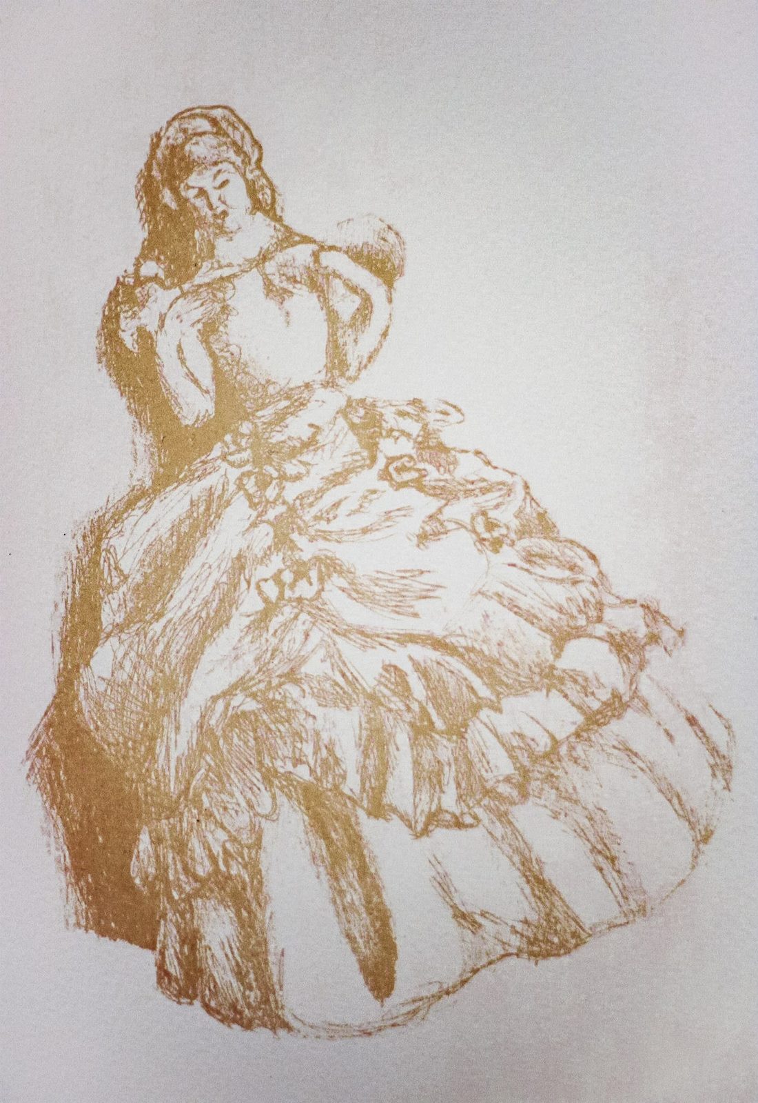 Screen print in gold ink of a woman in a wide hooped skirt.